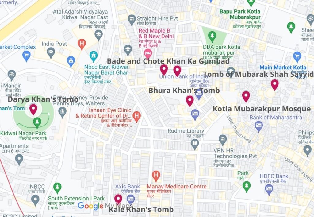 Map of location of monuments in Kotla Mubarakpur complex