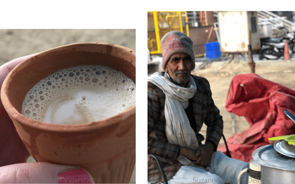 One photo of a clay cup of chai and one photo of a chai wala sitting down / How to Eat Local and Stay Healthy