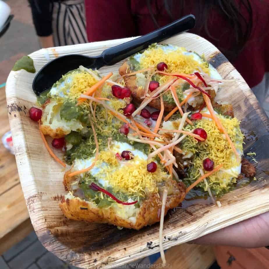 A plate of aloo tikki chaat, eating street food is one of the best things to do in Delhi