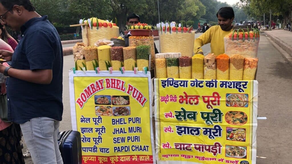 Bhel puri stand at India Gate, something you should try if you have one day in Delhi