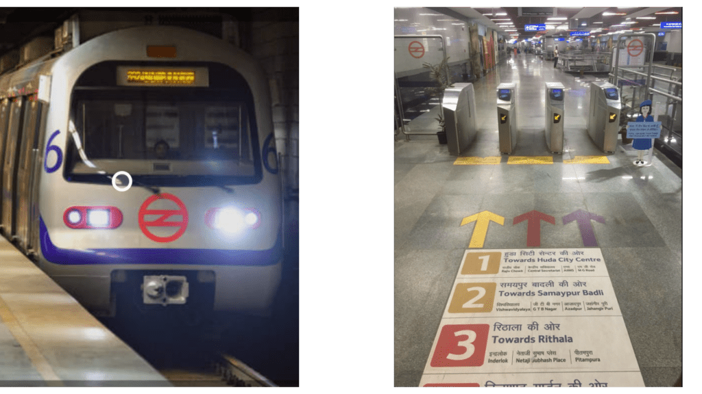 Violet line train with a bold violet line and colour coded directional signage at Kashmere Gate metro station, Delhi