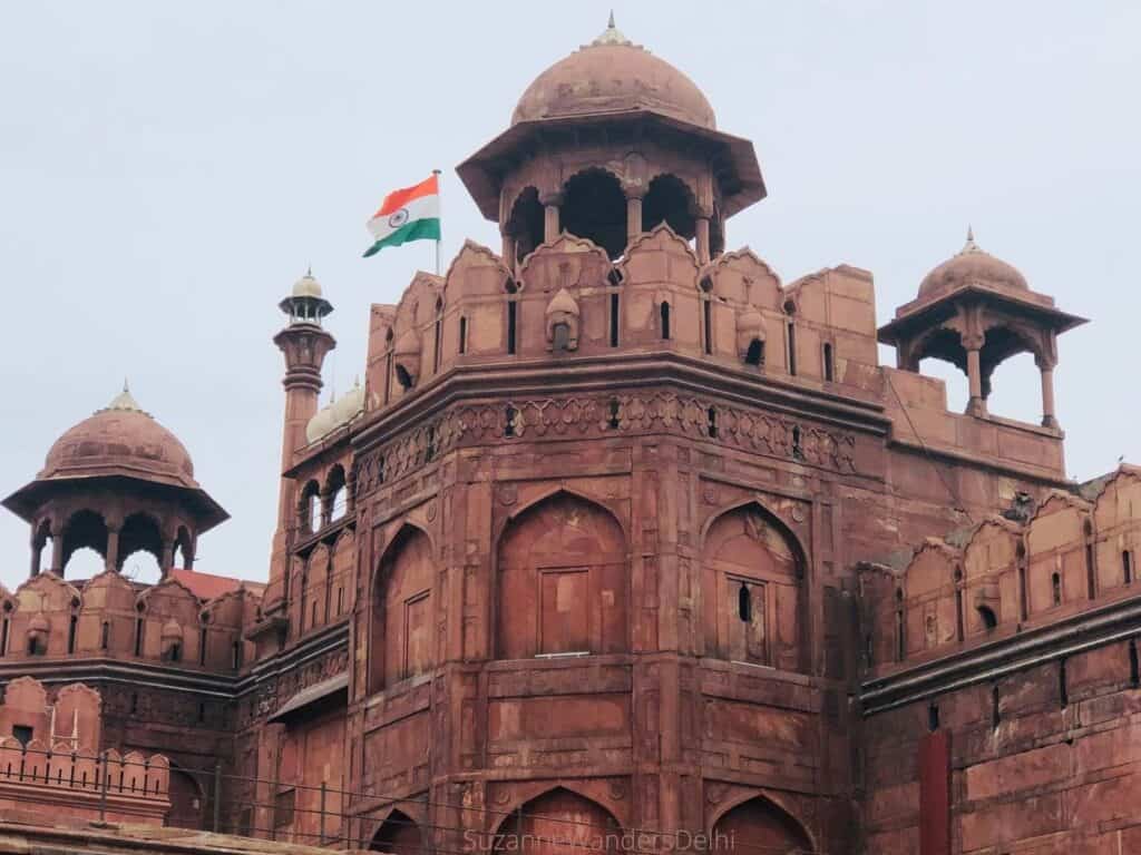 One of the towers of Lahori Gate at the Red Fort, with the Indian flag