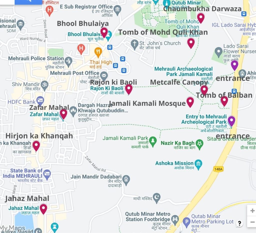 Map showing monuments in Mehruali Archeological Park and village of Mehrauli