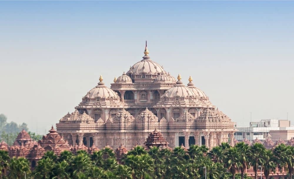 Exterior view of Akshardham temple from a distance, the most kid friendly temple for a day in Delhi