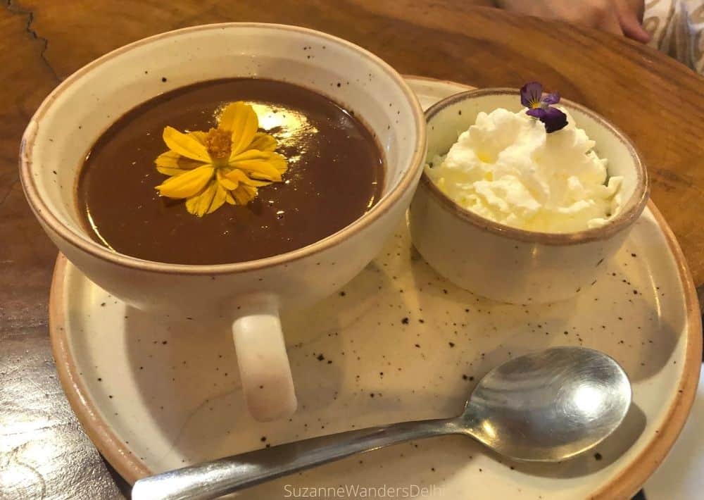 Cup of hot cocoa garnished with marigold flower and side bowl of whipped cream
