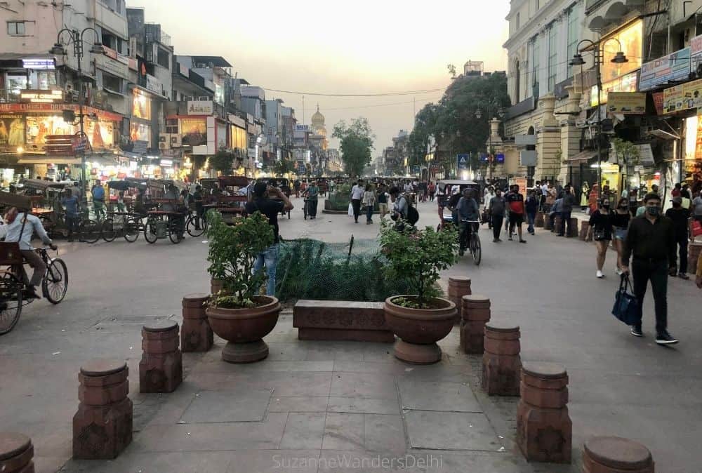 Evening view looking up Chandni Chowk from the middle of the pedestrian walk way 