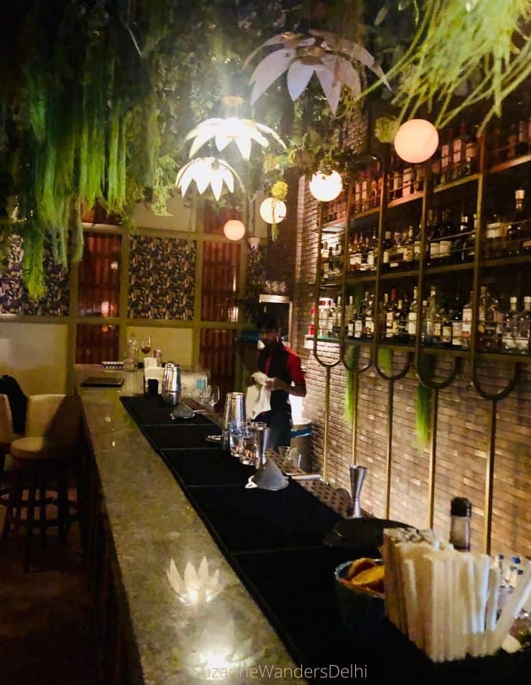 View of the bar in Younion with animated flower lights