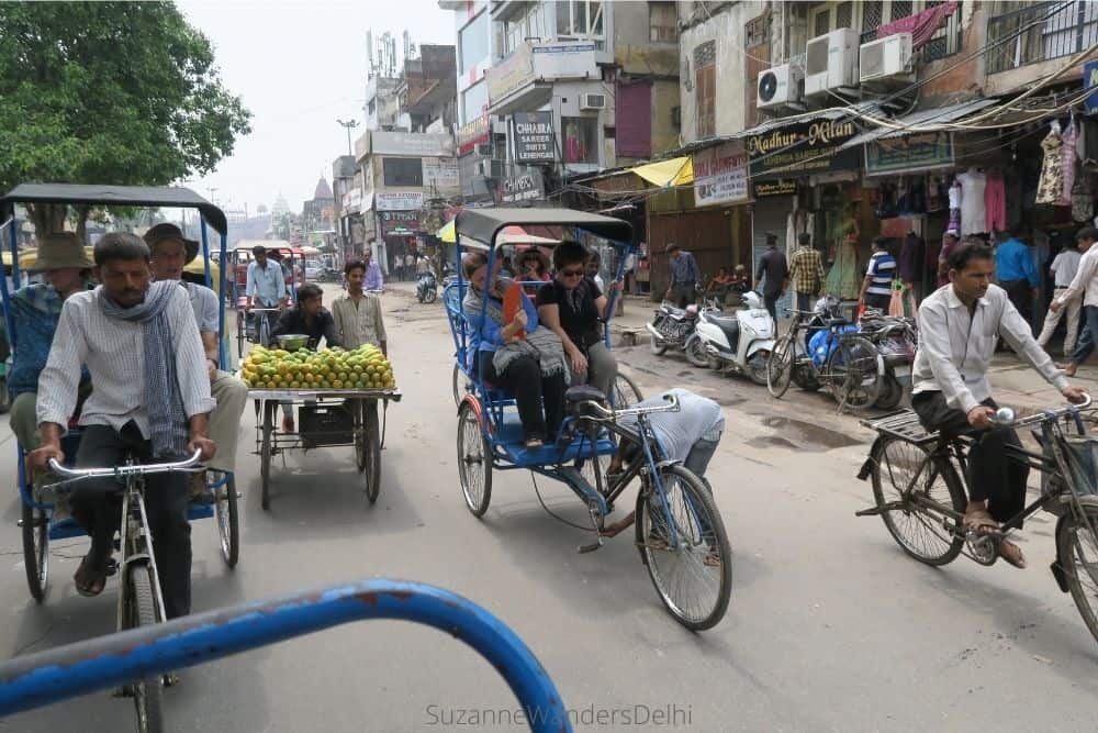 Chandni Chowk with several cycle rickshaws, a fun way for kids to see this part of Old Delhi