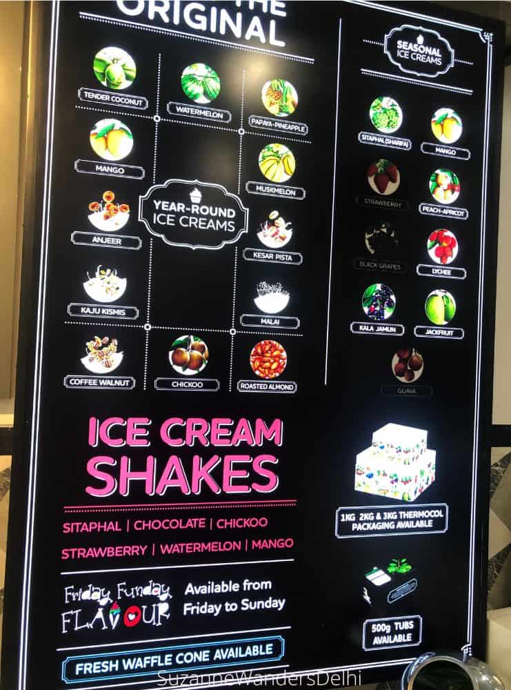 The ice cream list at Naturals listing all flavours and shakes. Naturals is one of the best places in Delhi for ice cream.