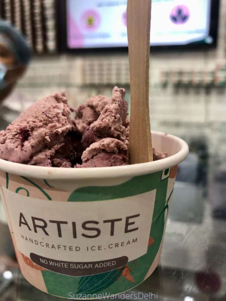 A cup of Berry Cheesecake ice cream at Artiste, which is one of the best places in Delhi for ice cream - all handcrafted