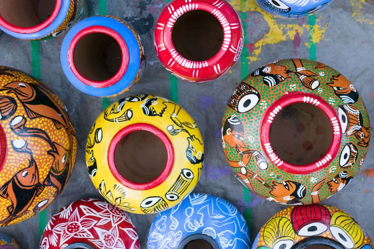 over view of colourful pottery jars