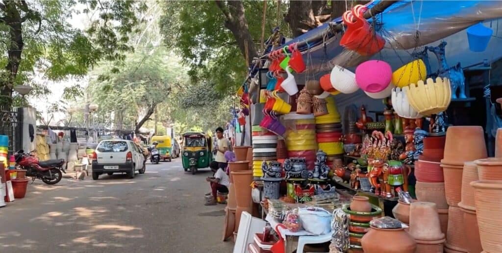 Street view of Matka Market and pottery on display, one of the cheapest pottery markets in Delhi