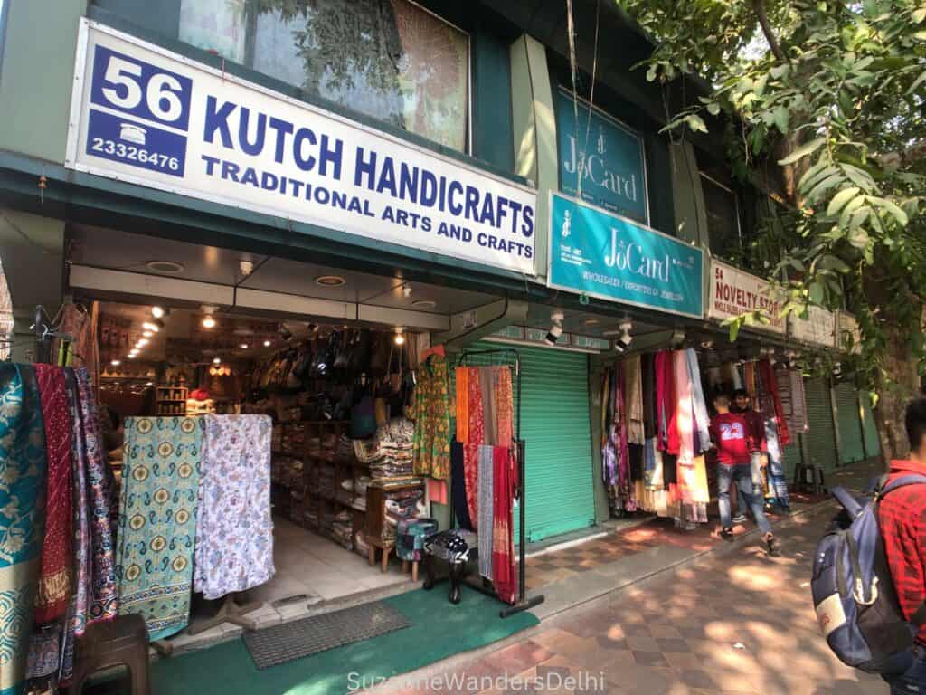 Outside view of several shops in the Gujurati section of Janpath Market
