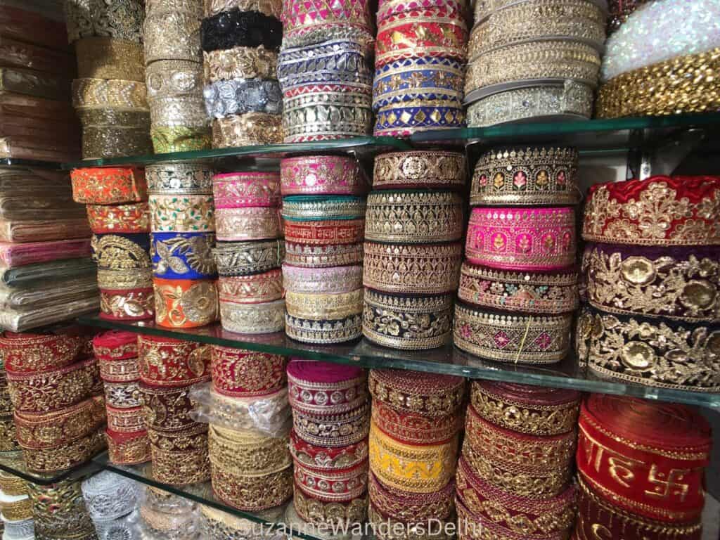 stacks of embellished lace in Kinari Bazaar, Old Delhi