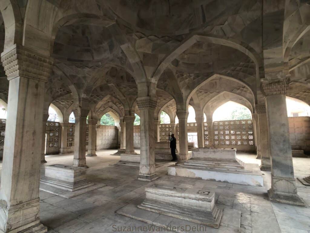 Interior of the marble tombs and pillars of Chausath Khamba, one of the most beautiful off the beaten path sites in Delhi