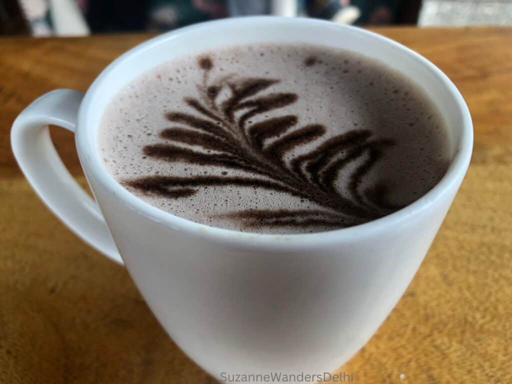 a white cup of hot chocolate with a leaf motif in the frothy topping