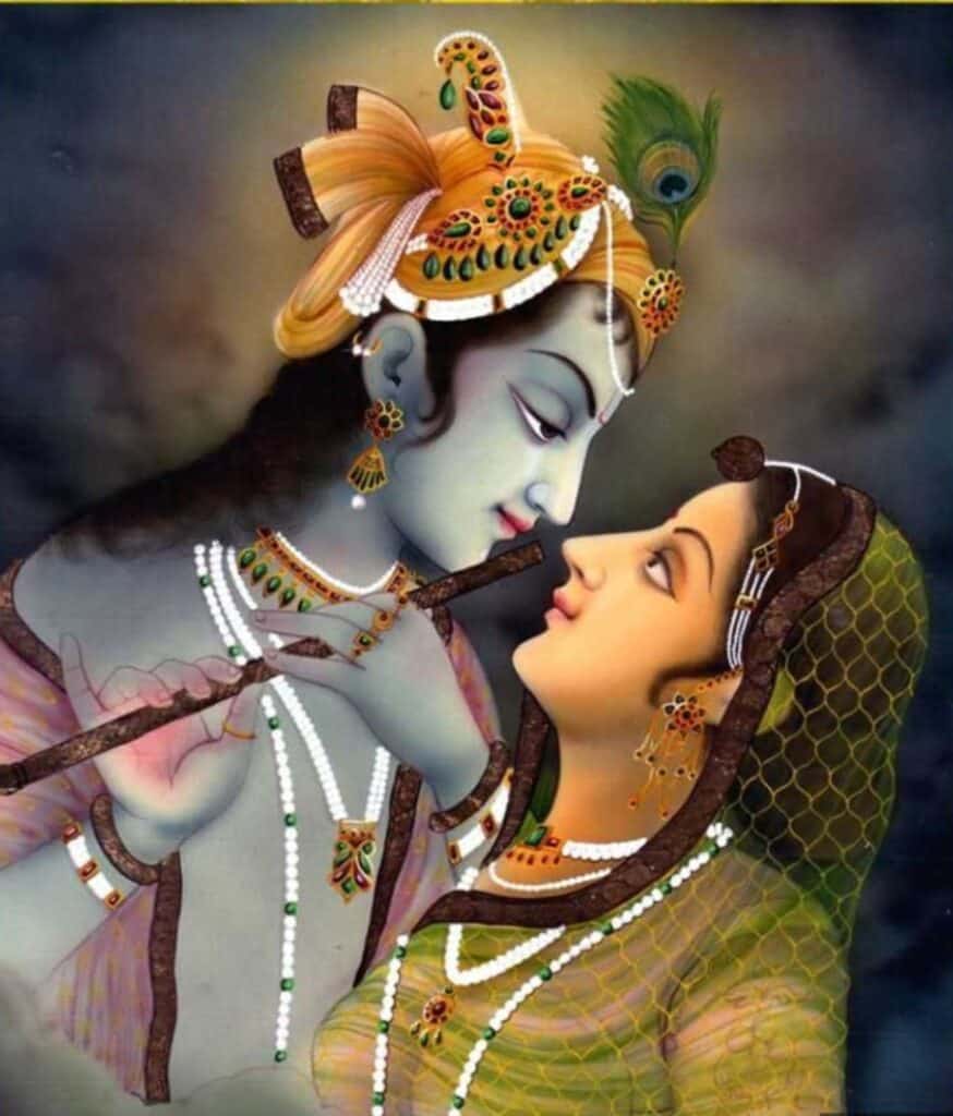 A painted image of Krishna with Radha, gazing into eachothers' eyes.
