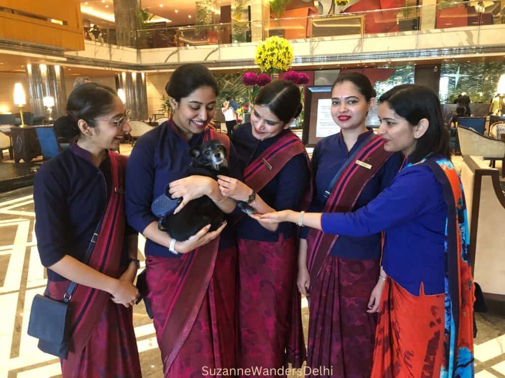 My dog being held by a concierge and surrounded by 4 more Leela Ambience female employees all in saris