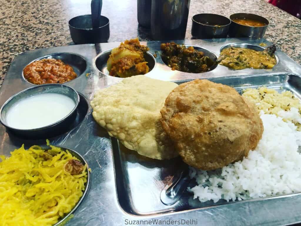 a thali tray at Adrha Pradesh Bhavan in Delhi, a fun place to eat in Delhi
