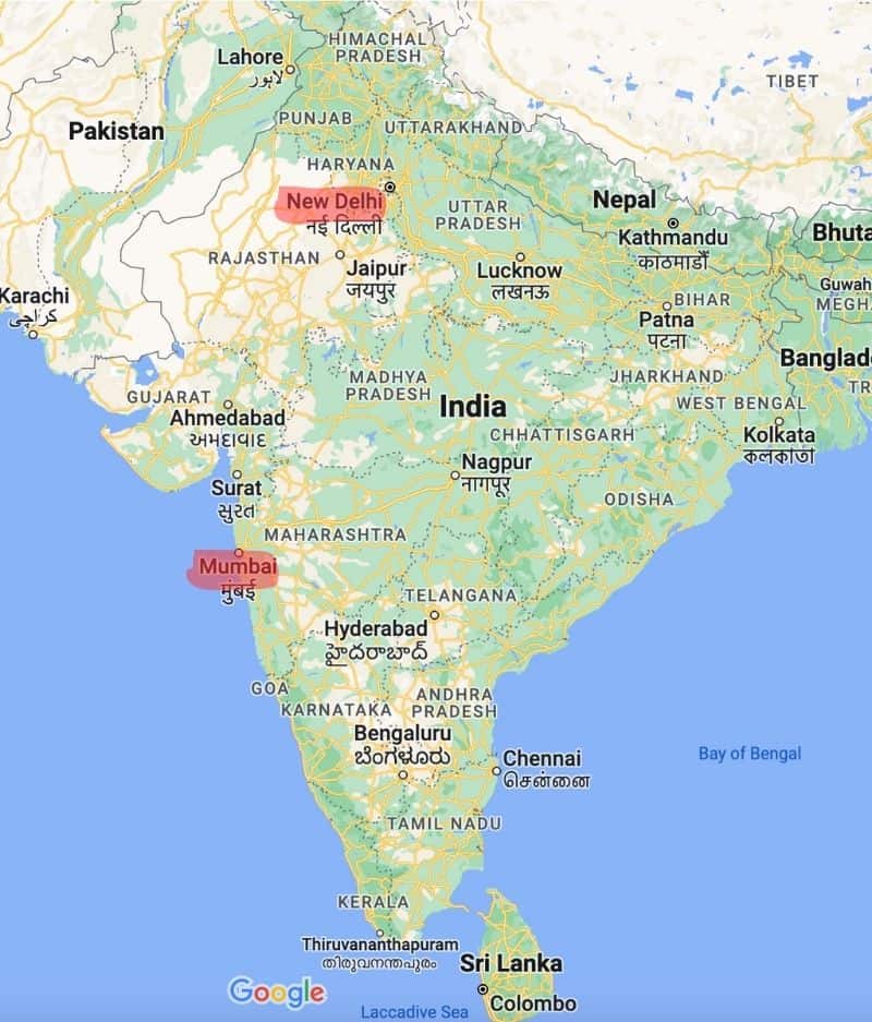 map of India showing Delhi vs Mumbai