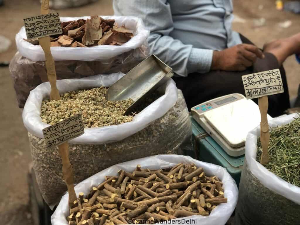 sacks of spices and herbs in Khari Baoli, Delhi's famous spice market