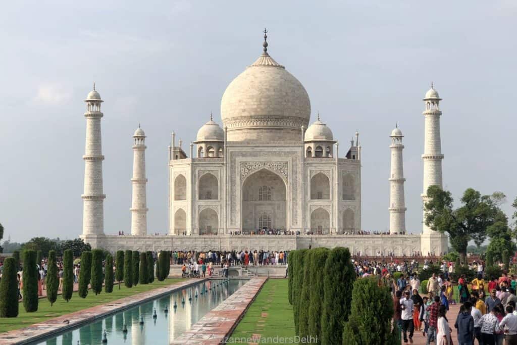 long view with gardens of Taj Mahal in Agra