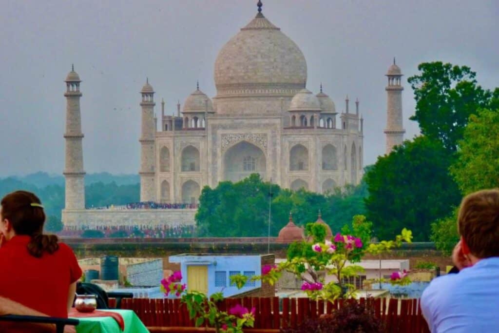 View of Taj Mahal from rooftop restaurant of Hotel Saniya Palace Inn