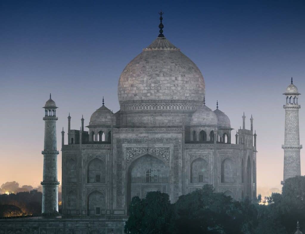 Taj Mahal lit by moonlight 