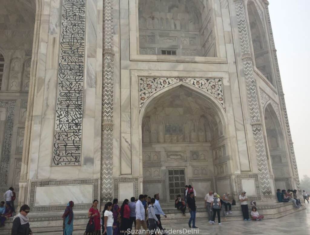 close up of exterior wall of Taj Mahal, on a sunrise tour of Taj Mahal from Delhi