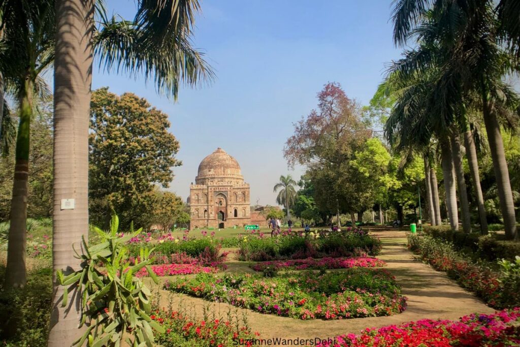 Lodhi Garden mausoleum and blooming flowers in Spring, a wonderful spot in Delhi for foodies to have a picnic