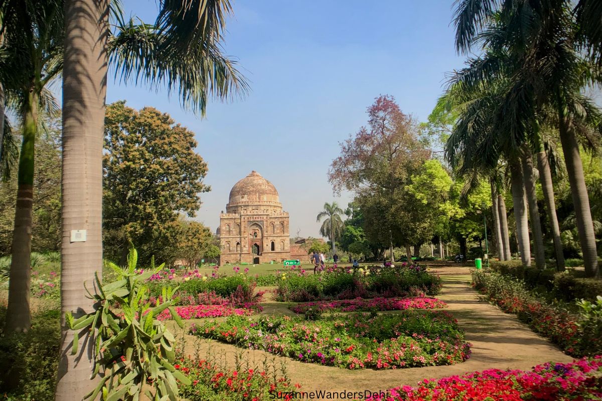 Lodhi Garden mausoleum and blooming flowers in Spring