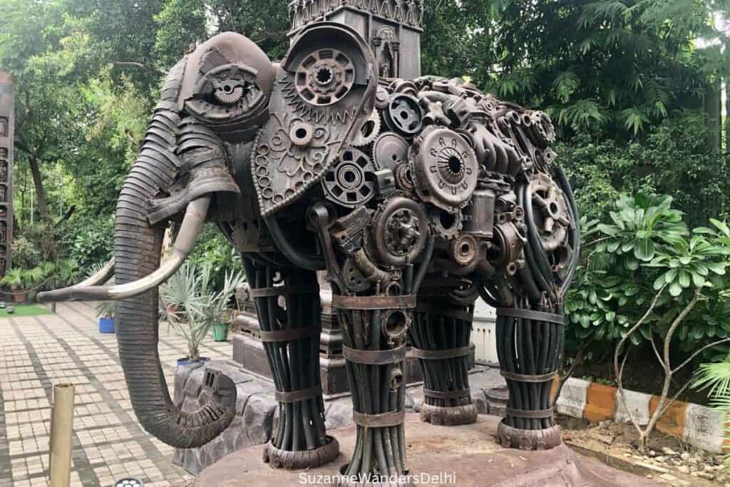 A replica of an elephant made of scrap metal at Bharat Dharshan Park