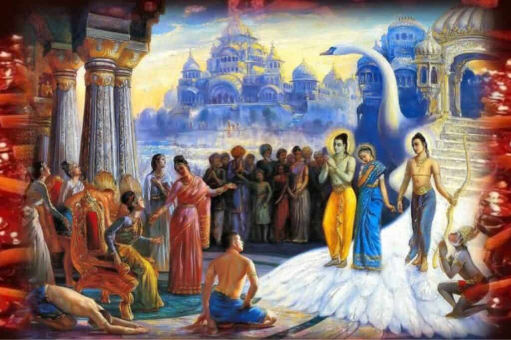 A painting of the return of Lord Rama, Sita and Lakshman - they are depicted on a huge tail of a white swan