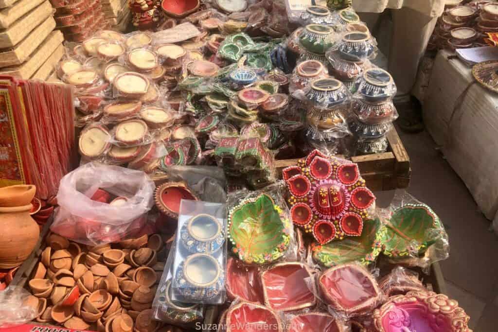 a selection of painted and plain clay diyas on sale in Green Park ahead of Diwali in Delhi