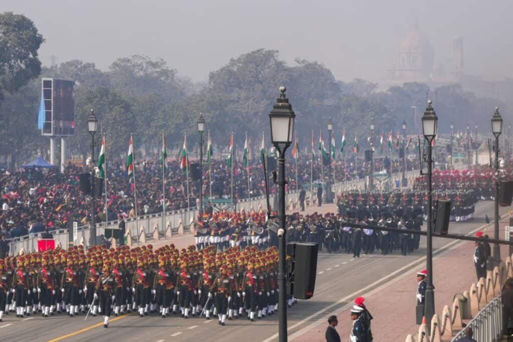 Platoons of soldiers in parade formation on Kartavya Path on Republic Day in Delhi