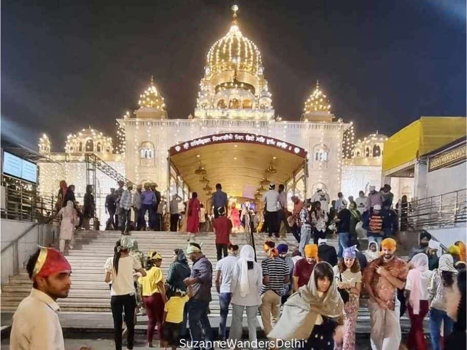 Gurudwara Bangal Sahib lit up with lights at night during Diwali in Delhi