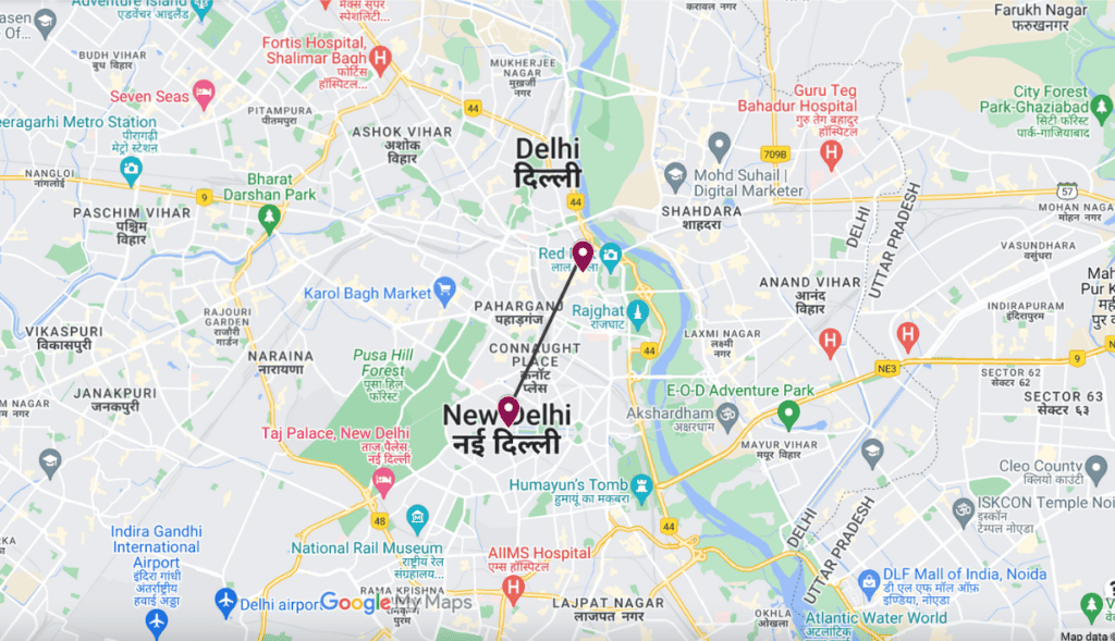 The distance between Old Delhi and New Delhi on a map