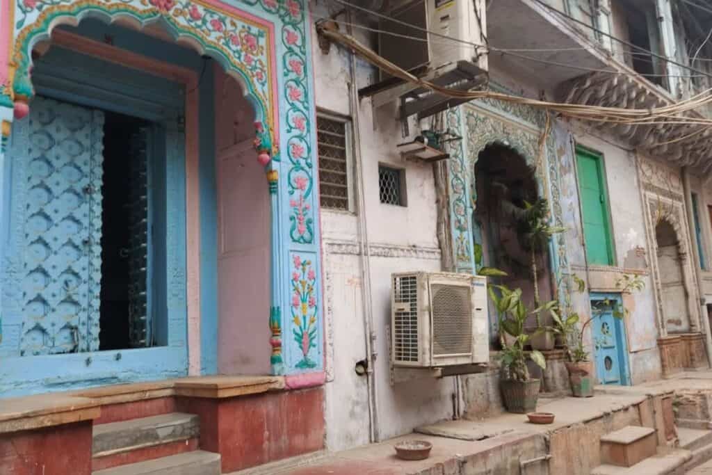 Several pained Mughal style doorways on Naughara lane in Old Delhi