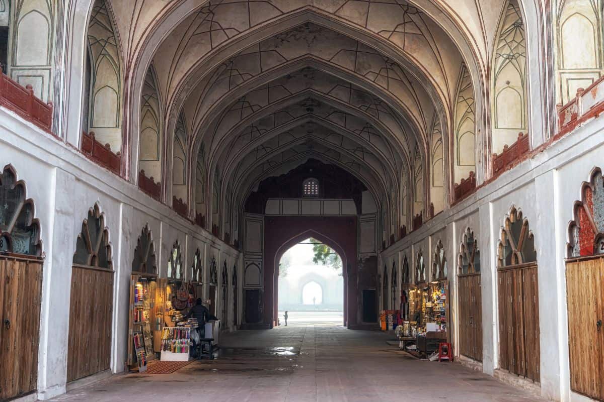 The covered Meena Bazaar in Old Delhi's Red Fort, empty except for a c couple of shops set up