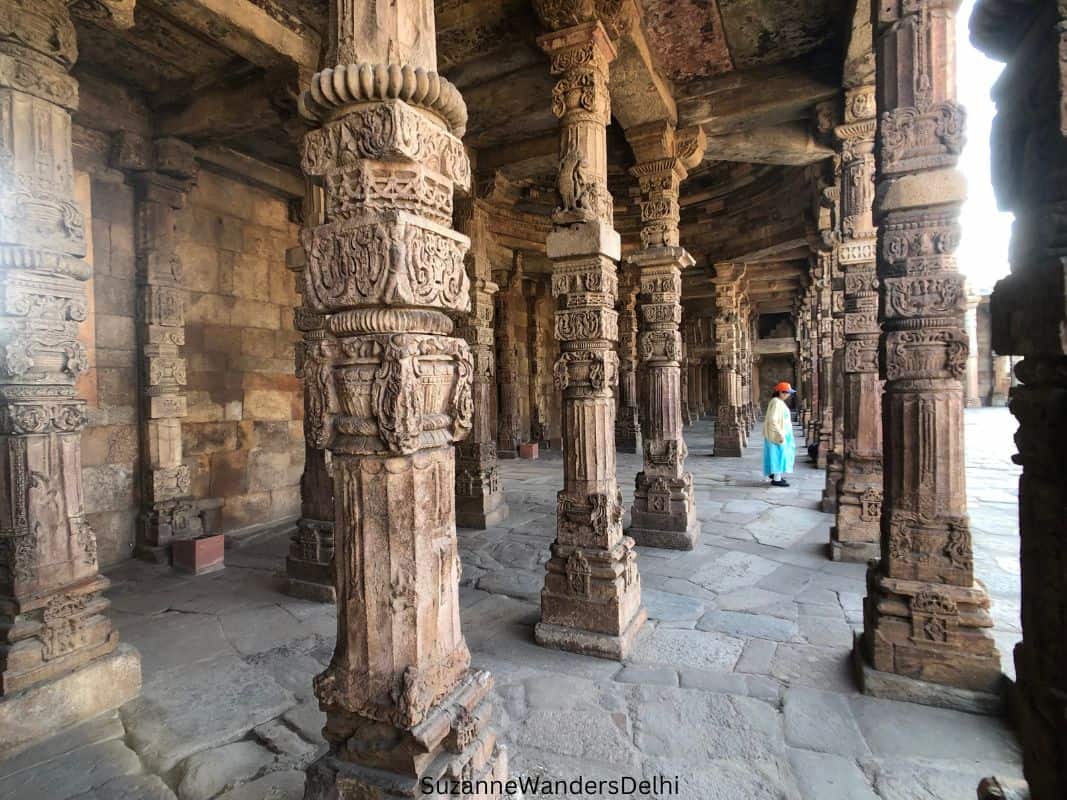 the pillars inside the mosque at Qutub Minar, Delhi