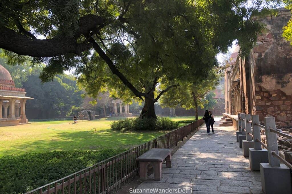 walking path with giant tree beside it and grassy laws with ancient pavillion at Hauz Khas Complex in Delhi