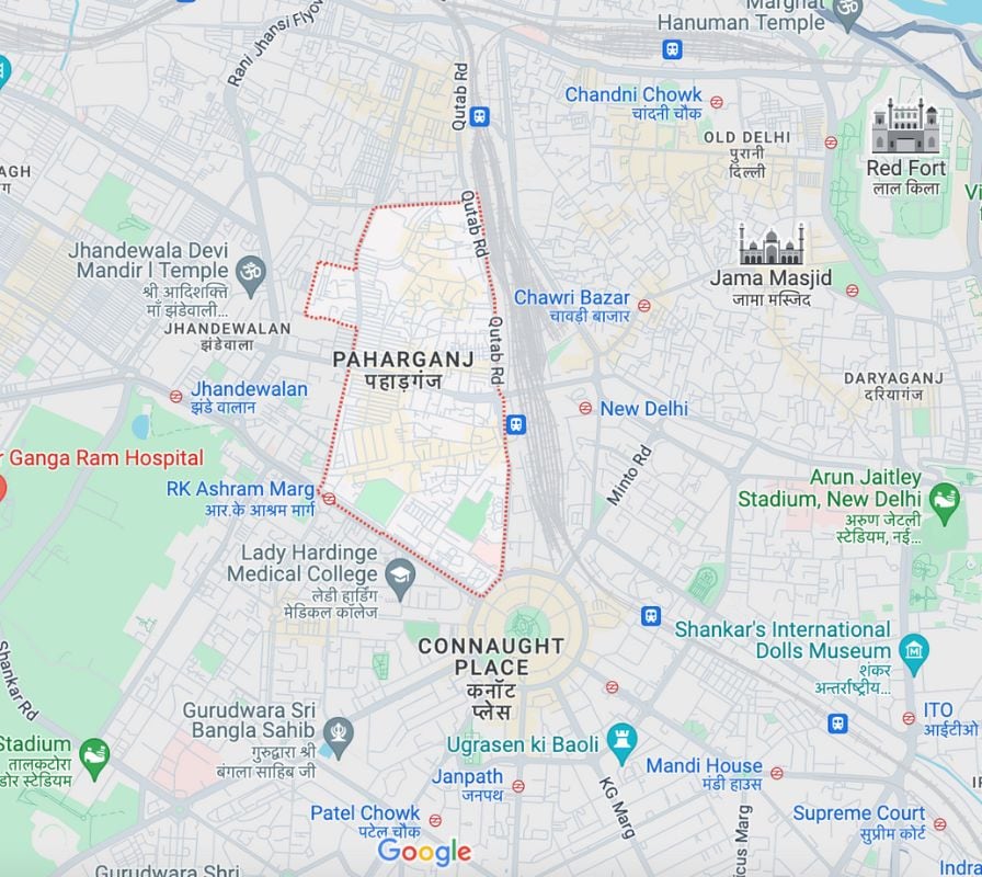 map of Delhi with Paharganj area in red, this is not a safe part of Delhi to stay in