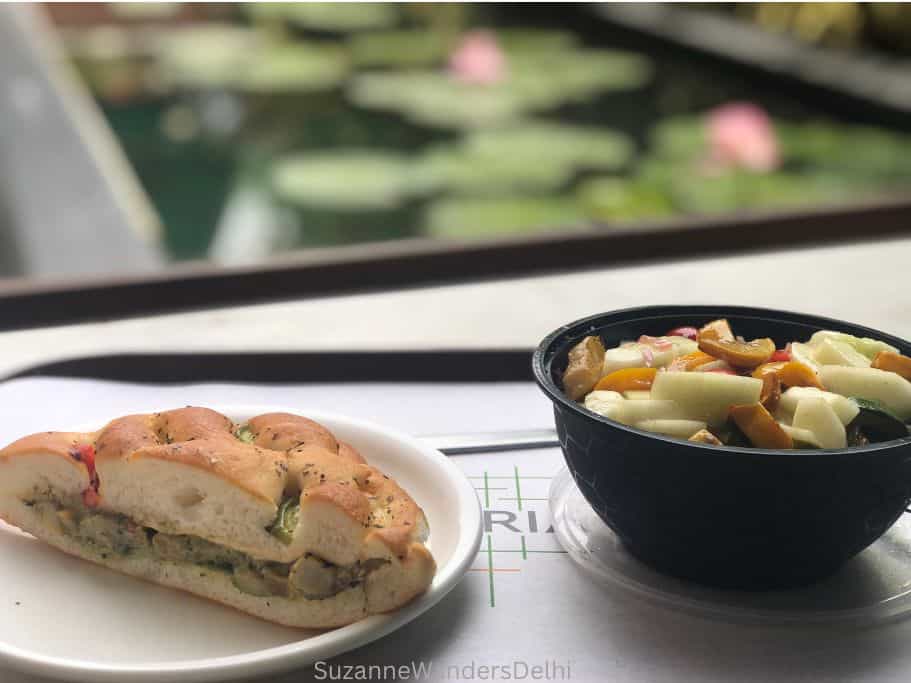 sandwich and salad with Koi pond in background