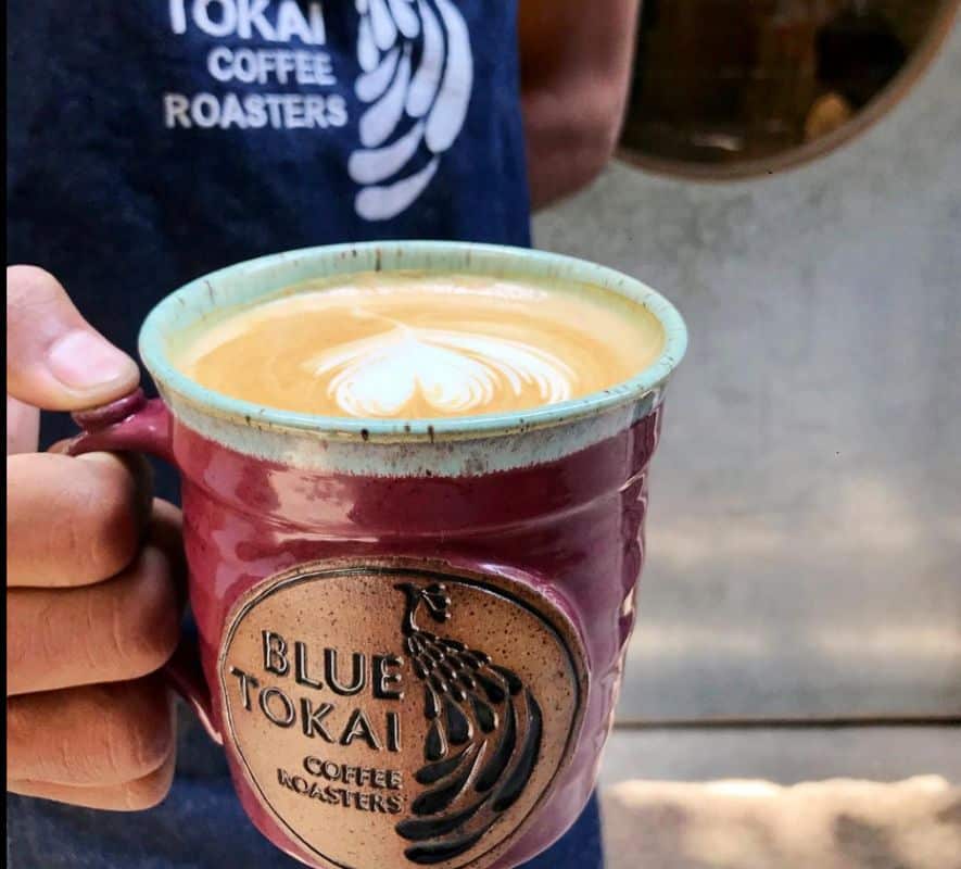 A red and blue ceramic cup with Blue Tokai logo and peacock and filled with cappuccino