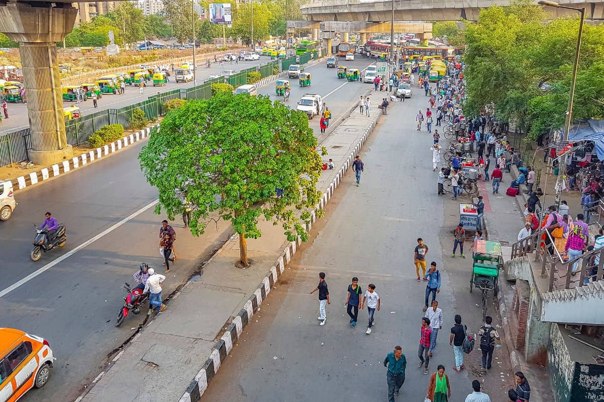 divided road from elevated view in Delhi, with pedestrians