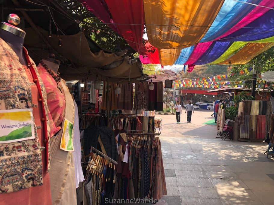 stalls with colourful fabric canopy at Dilli Haat in Delhi