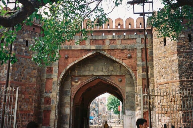 close up of Delhi Gate with open metal fence and tree branches overhead