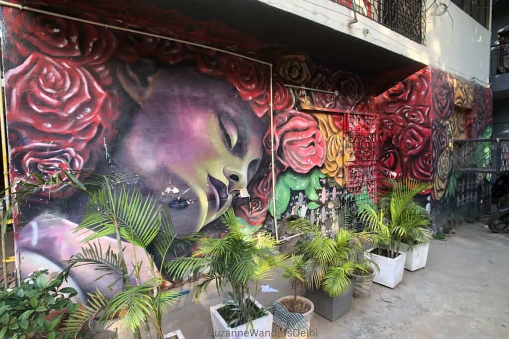 large mural of sleeping woman with potted plants in front in Shahpur Jat, one of the best shopping urban villages in Delhi