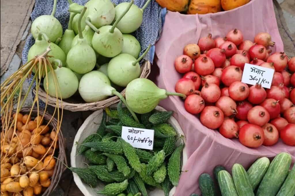 close up of baskets of fresh produce at Sunder Nursery in Delhi, the best place to shop for organic items