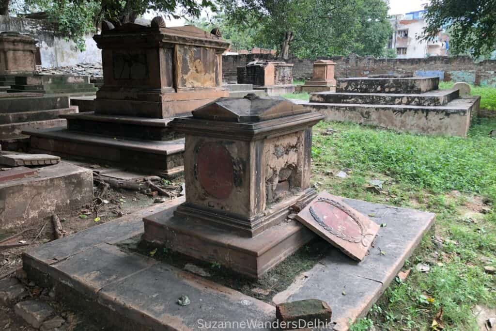 Tombstones in disrepair at Lothian Cemetery in Delhi